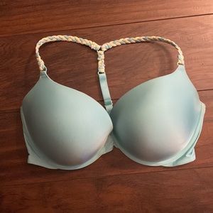 Front snap, racer back Victoria’s Secret bra.